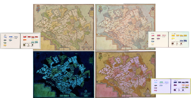 Four variations on an image of a map of Ulster taken with multispectral imaging.